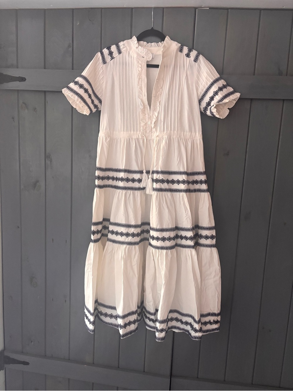 Ivy City Dress | White Maxi Dress with Navy Embroidery (M)